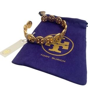 Tory Burch Gold Medallion Open Cuff Bracelet with Crystal Accents